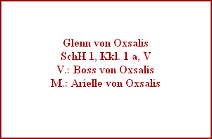 Glenn von Oxsalis
SchH 1, Kkl. 1 a, V
V.: Boss von Oxsalis
M.: Arielle von Oxsalis