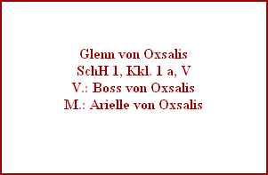 Glenn von Oxsalis
SchH 1, Kkl. 1 a, V
V.: Boss von Oxsalis
M.: Arielle von Oxsalis