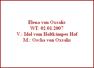 Elena von Oxsalis
WT: 02.01.2007
V.: Idol vom Holtkämper Hof
M.: Oscha von Oxsalis