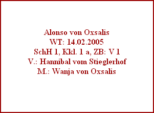 Alonso von Oxsalis
WT: 14.02.2005
SchH 1, Kkl. 1 a, ZB: V 1
V.: Hannibal vom Stieglerhof
M.: Wanja von Oxsalis