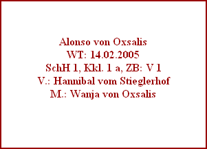 Alonso von Oxsalis
WT: 14.02.2005
SchH 1, Kkl. 1 a, ZB: V 1
V.: Hannibal vom Stieglerhof
M.: Wanja von Oxsalis