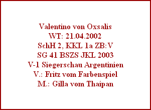 Valentino von Oxsalis
WT: 21.04.2002
SchH 2, KKL 1a ZB:V
SG 41 BSZS JKL 2003
V-1 Siegerschau Argentinien
V.: Fritz vom Farbenspiel
M.: Gilla vom Thaipan