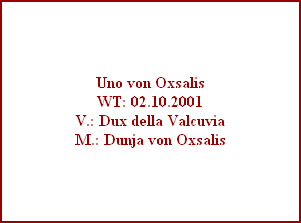 Uno von Oxsalis
WT: 02.10.2001
V.: Dux della Valcuvia
M.: Dunja von Oxsalis