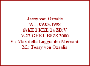 Jassy von Oxsalis
WT: 09.03.1998
SchH 1 KKL 1a ZB:V
V-23 GHKL BSZS 2000
V.: Max della Loggia dei Mercanti
M.: Tessy von Oxsalis