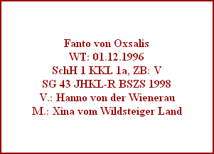 Fanto von Oxsalis
WT: 01.12.1996
SchH 1 KKL 1a, ZB: V
SG 43 JHKL-R BSZS 1998
V.: Hanno von der Wienerau
M.: Xina vom Wildsteiger Land