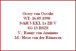 Orasy von Oxsalis
WT: 16.05.1990  
SchH 3 KKL 1a ZB:V
SG 13 BSZS
V.: Ronny von Arminius
M.: Hexe von der Rmerau