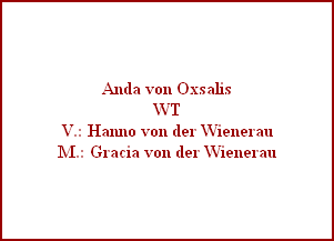 Anda von Oxsalis
WT
V.: Hanno von der Wienerau
M.: Gracia von der Wienerau