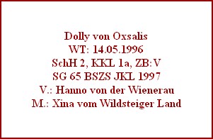Dolly von Oxsalis
WT: 14.05.1996
SchH 2, KKL 1a, ZB:V
SG 65 BSZS JKL 1997
V.: Hanno von der Wienerau
M.: Xina vom Wildsteiger Land