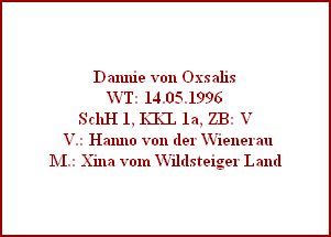 Dannie von Oxsalis
WT: 14.05.1996
SchH 1, KKL 1a, ZB: V
 V.: Hanno von der Wienerau
M.: Xina vom Wildsteiger Land