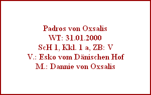 Padros von Oxsalis
WT: 31.01.2000
ScH 1, Kkl. 1 a, ZB: V
V.: Esko vom Dänischen Hof
M.: Dannie von Oxsalis