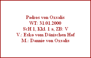 Padros von Oxsalis
WT: 31.01.2000
ScH 1, Kkl. 1 a, ZB: V
V.: Esko vom Dnischen Hof
M.: Dannie von Oxsalis